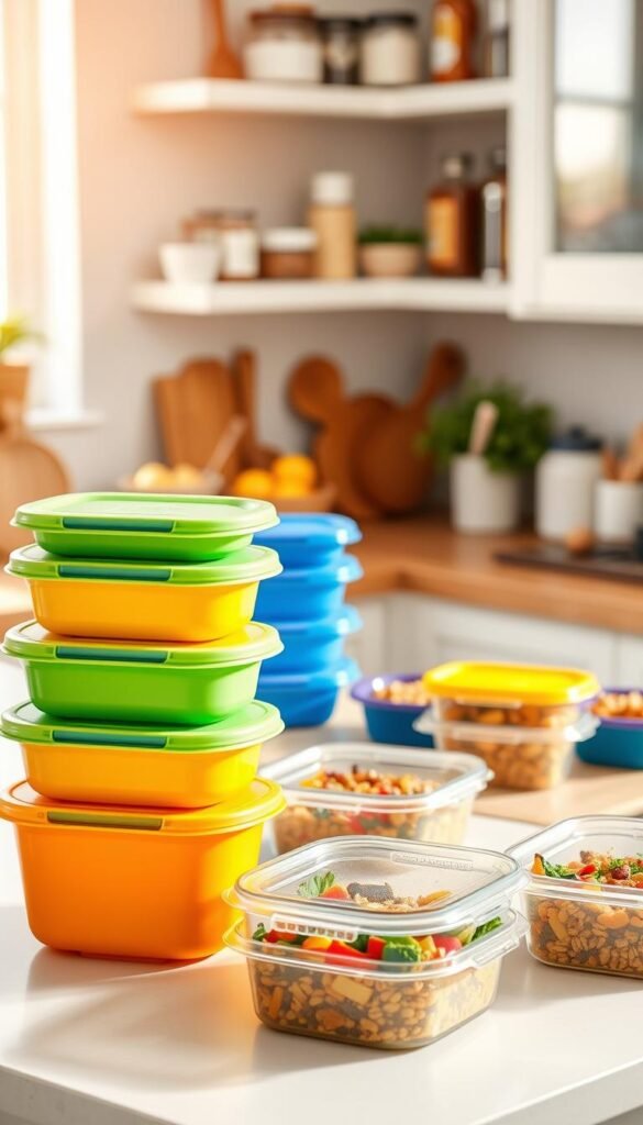 A beautifully arranged kitchen scene featuring an assortment of leak-resistant food containers from the brand "GoodHomeFinds." In the foreground, a set of brightly colored, stackable containers with secure lids are neatly displayed on a countertop, showcasing their sleek design and practicality. In the middle ground, a warm, inviting wooden table holds a delicious spread of leftovers, tastefully packed in these containers, with vibrant vegetables and grains peeking through. The background features soft-focus shelves lined with various kitchen tools and spices, creating a cozy atmosphere. The lighting is warm and natural, simulating mid-morning sunlight that bathes the scene, enhancing the freshness of the food. The overall mood is bright, cheerful, and organized, perfect for showcasing smart storage solutions for leftovers. A beautifully arranged kitchen scene featuring an assortment of leak-resistant food containers from the brand "GoodHomeFinds." In the foreground, a set of brightly colored, stackable containers with secure lids are neatly displayed on a countertop, showcasing their sleek design and practicality. In the middle ground, a warm, inviting wooden table holds a delicious spread of leftovers, tastefully packed in these containers, with vibrant vegetables and grains peeking through. The background features soft-focus shelves lined with various kitchen tools and spices, creating a cozy atmosphere. The lighting is warm and natural, simulating mid-morning sunlight that bathes the scene, enhancing the freshness of the food. The overall mood is bright, cheerful, and organized, perfect for showcasing smart storage solutions for leftovers.