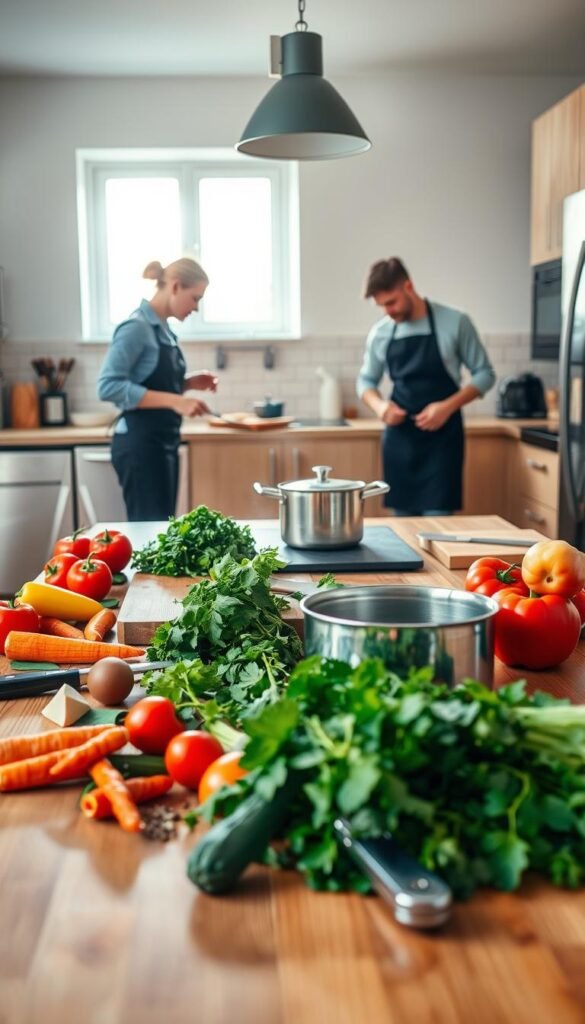 A beautifully arranged kitchen scene, focusing on a modern wooden dining table in the foreground, featuring an array of fresh ingredients like vibrant vegetables, herbs, and spices neatly grouped around essential cooking tools&mdash;like a cutting board, knives, and a pot. In the middle ground, a stylish, brightly-lit kitchen with stainless steel appliances gleams, emphasizing a clean and inviting atmosphere. The background shows a window with natural light streaming in, fostering a warm, cheerful mood. Soft shadows play across the surfaces, adding depth. Professional individuals in modest casual clothing, perhaps wearing aprons, are preparing to start cooking, embodying a sense of readiness and enthusiasm. The overall ambiance is inspiring and motivational, perfect for setting the stage for a productive cooking session. GoodHomeFinds.