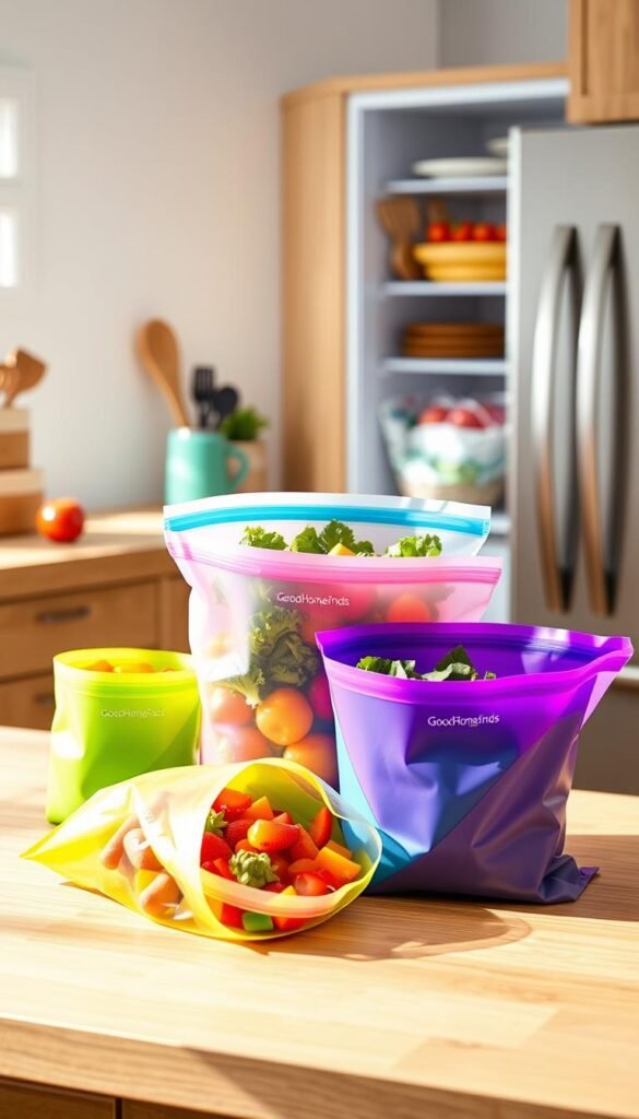 A beautifully arranged kitchen scene showcasing "GoodHomeFinds" reusable silicone food bags filled with colorful fruits and vegetables. In the foreground, a set of vibrant silicone bags, varying in sizes&mdash;with one open revealing freshly chopped ingredients, such as bell peppers, strawberries, and leafy greens. The middle ground features a clean, wooden kitchen countertop adorned with cooking utensils and a cutting board. In the background, a well-organized refrigerator with additional silicone bags, emphasizing their functionality for fridge, freezer, and leftovers. Soft natural light streams in, creating a warm, inviting atmosphere. Use a shallow depth of field to focus on the bags while slightly blurring the background, resulting in a Pinterest-style lifestyle photo that highlights eco-friendly living.