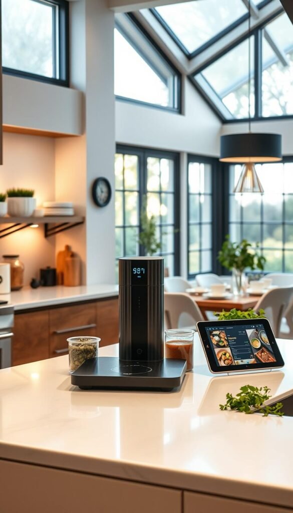 A beautifully arranged kitchen scene showcasing a smart kitchen routine designed to minimize mental load. In the foreground, a sleek countertop features innovative kitchen gadgets from "GoodHomeFinds," such as a smart scale, an automatic herb dispenser, and a recipe display tablet. The middle layer reveals organized storage with clear containers filled with ingredients, promoting easy access and a clutter-free environment. In the background, large windows allow warm, natural light to flood the space, illuminating a cozy dining area adorned with fresh herbs and chic tableware. The atmosphere is calm and inviting, suggesting simplicity and efficiency in daily cooking tasks, creating a Pinterest-style lifestyle image of a modern, functional kitchen that embodies smart living.