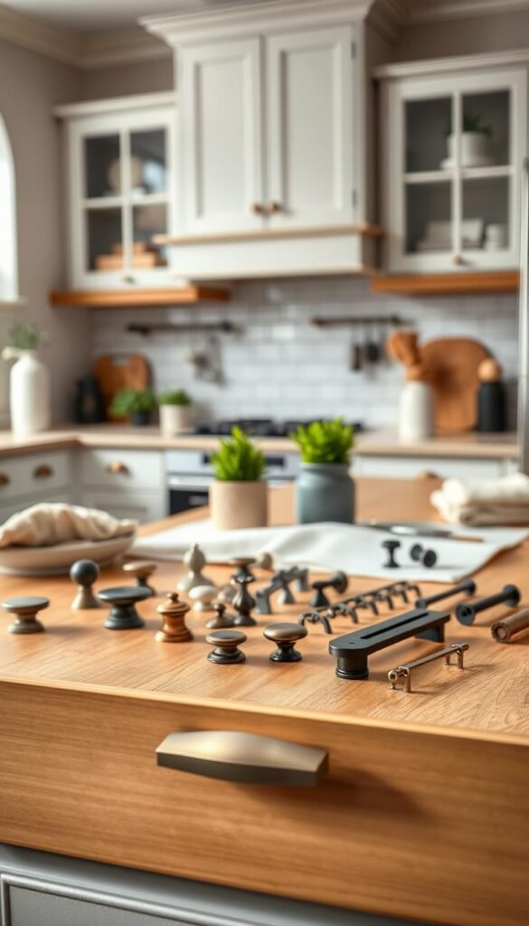 A beautifully arranged kitchen scene showcasing an impressive selection of cabinet hardware, including modern knobs and elegant pulls in various finishes like brushed nickel, matte black, and antique brass. In the foreground, focus on a stylishly designed kitchen drawer with a sleek pull handle. In the middle, display an assortment of hardware options spread artfully across a wooden countertop, complemented by soft kitchen textiles and small potted plants for a touch of greenery. In the background, reveal a softly lit kitchen space with cozy cabinetry, creating a warm and inviting atmosphere. Use diffused natural lighting to enhance details, shot from an angle that emphasizes depth and elegance, embodying a Pinterest-style lifestyle photo. Perfect for showcasing home improvements at GoodHomeFinds.
