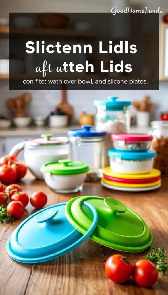 A beautifully arranged kitchen scene showcasing colorful silicone stretch lids in various sizes, designed to fit over bowls, jars, and plates. In the foreground, a pair of vibrant lids in shades of green and blue rest on a wooden table, surrounded by fresh produce like tomatoes and herbs. In the middle, various containers with lids secured tightly, emphasizing their versatility and practicality. The background features a softly lit kitchen with natural light pouring in from a window, illuminating the textures of the silicone. The atmosphere is inviting and eco-friendly, promoting a clutter-free and sustainable lifestyle. The brand name "GoodHomeFinds" subtly appears in the corner of the image.
