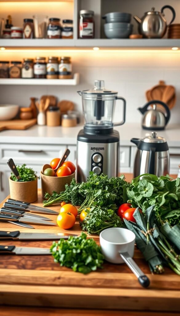 A beautifully arranged kitchen scene showcasing essential Amazon prep tools from the brand "GoodHomeFinds". In the foreground, a polished wooden cutting board holds an array of knives, measuring cups, and a vibrant assortment of fresh herbs and vegetables. The middle layer features a sleek kitchen countertop with a stylish, compact food processor and high-quality mixing bowls. In the background, softly lit shelves display organized spices and a retro-style kettle for a cozy touch. The scene is illuminated with warm, natural lighting, creating an inviting atmosphere. Capture this image from a slightly elevated angle to give a comprehensive view, emphasizing the usability and aesthetic appeal of the kitchen finds. The overall mood should feel homey, practical, and aspirational, perfect for Pinterest-style lifestyle photos. A beautifully arranged kitchen scene showcasing essential Amazon prep tools from the brand "GoodHomeFinds". In the foreground, a polished wooden cutting board holds an array of knives, measuring cups, and a vibrant assortment of fresh herbs and vegetables. The middle layer features a sleek kitchen countertop with a stylish, compact food processor and high-quality mixing bowls. In the background, softly lit shelves display organized spices and a retro-style kettle for a cozy touch. The scene is illuminated with warm, natural lighting, creating an inviting atmosphere. Capture this image from a slightly elevated angle to give a comprehensive view, emphasizing the usability and aesthetic appeal of the kitchen finds. The overall mood should feel homey, practical, and aspirational, perfect for Pinterest-style lifestyle photos.