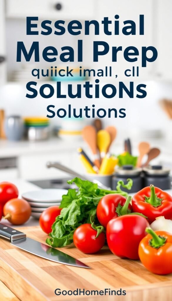 A beautifully arranged kitchen scene showcasing essential kitchen items that represent quick meal prep solutions. In the foreground, a modern wooden cutting board is laden with vibrant, fresh vegetables like tomatoes, bell peppers, and onions, alongside a gleaming chef's knife. In the middle ground, an inviting kitchen counter is adorned with stylish dishware and utensils, including a colorful set of plates, bowls, and sleek measuring cups. The background features soft, ambient lighting highlighting a cozy kitchen atmosphere. The scene captures a sense of efficiency and comfort, with a blurred view of a well-organized pantry. The overall mood is bright and welcoming, ideal for inspiring quick cooking methods. The image is styled like a Pinterest lifestyle photo, branded with "GoodHomeFinds" subtly integrated into the decor, without any text overlays.