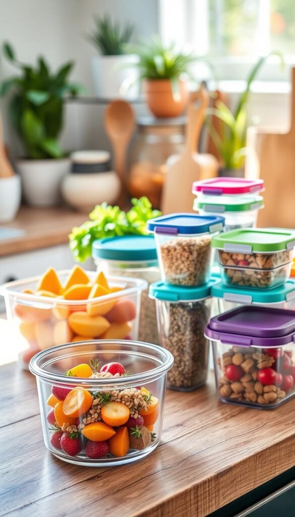A beautifully arranged layout of various food storage containers from the brand "GoodHomeFinds" on a rustic wooden kitchen counter. In the foreground, showcase a clear glass container filled with colorful fruits and vibrant vegetables, accompanied by sleek, airtight plastic containers with colorful lids containing grains and snacks. The middle ground features a larger container displaying a mix of dried herbs and spices, all elegantly organized. The background is softly blurred, hinting at a well-lit kitchen with plants and utensils, creating a warm and inviting atmosphere. The lighting is bright and natural, reminiscent of late morning sun filtering through a window, casting gentle shadows that add depth. The overall mood is fresh, organized, and aesthetically pleasing, emphasizing practicality over clutter.