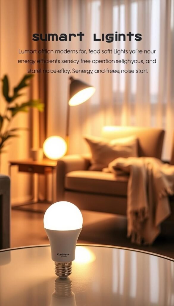 A beautifully arranged living room featuring modern smart lights emanating soft, warm glows to highlight their energy-efficient design. In the foreground, a sleek smart light bulb displayed prominently on a stylish side table, subtly branded with "GoodHomeFinds." In the middle ground, a cozy armchair with a plush throw, illuminated by the warm lighting, creates an inviting atmosphere. The background showcases a softly lit window with sheer curtains, allowing natural light to filter through, harmonizing with the artificial light. The overall mood is tranquil and sophisticated, emphasizing comfort and innovation in smart lighting technology, with a focus on energy efficiency and noise-free operation. The image is captured from a slightly low angle to evoke a sense of warmth and modernity.