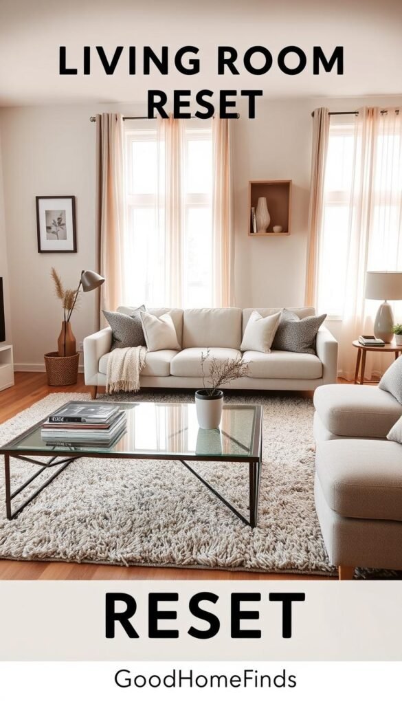 A beautifully arranged living room, showcasing a cozy and inviting atmosphere for a "living room reset." In the foreground, a soft, neutral-tone area rug lies beneath a stylish coffee table adorned with minimalistic decor, like a stack of magazines and a small potted plant. The middle layer features a comfortable, well-coordinated sofa with plush cushions, surrounded by geometric shelves displaying art pieces and books. In the background, large windows allow warm, natural light to flood the space, highlighting light, airy curtains. The walls are painted a soothing pastel color. The scene evokes calm and order, emphasizing simplicity and organization, ideal for a daily reset routine. Captured with a soft focus lens to enhance the serene mood, without any people or text, reflecting a polished and aesthetic Pinterest lifestyle photo for GoodHomeFinds.