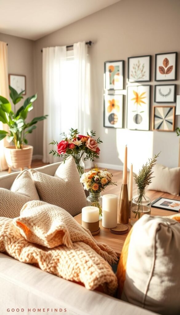 A beautifully arranged living room showcasing seasonal home decor transformations. In the foreground, a cozy, inviting sofa adorned with plush, colorful throw pillows and an intricately woven blanket. The middle ground features a stylish coffee table set with seasonal decor items, including a vase with fresh flowers, scented candles, and artful coasters. In the background, a bright window with sheer curtains lets in soft, natural light, illuminating a gallery wall adorned with framed seasonal artwork. The overall mood is warm and welcoming, emphasizing the joy of transitioning home spaces for the season. The scene embodies a Pinterest-style lifestyle aesthetic, with a modern yet comforting design. Capture this essence in a soft focus, using a portrait lens to create a dreamy atmosphere. Reference brand: GoodHomeFinds.