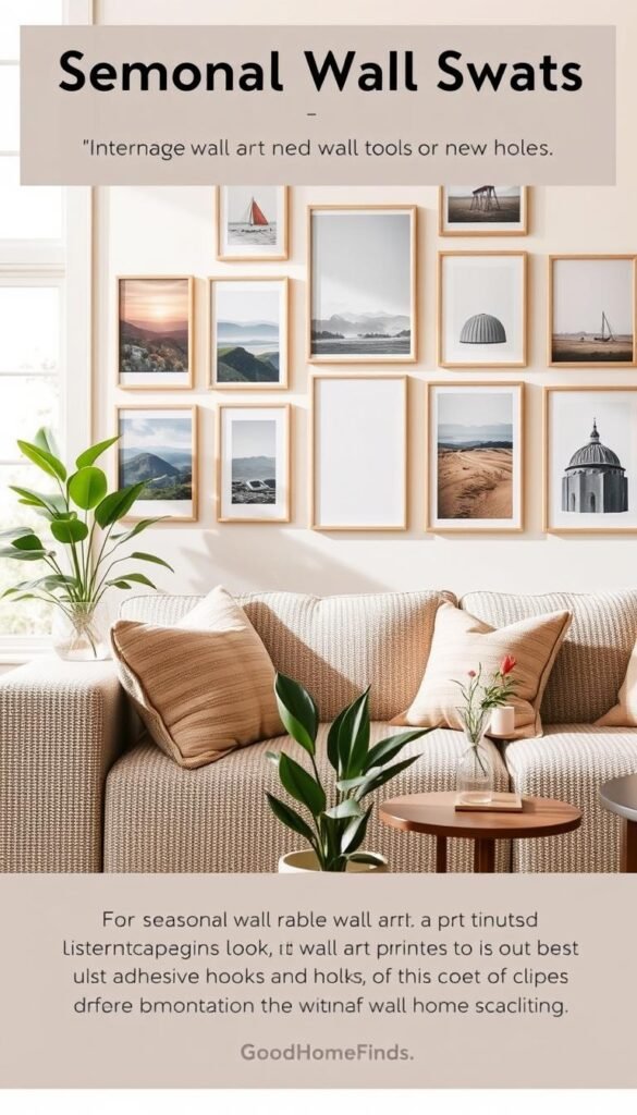A beautifully arranged living room showcasing seasonal wall art swaps that require no tools or new holes. In the foreground, a cozy, textured sofa adorned with soft, neutral cushions invites comfort. On the wall behind, a stunning gallery of interchangeable wall art prints featuring vibrant landscapes and minimalist designs, elegantly displayed using adhesive hooks and clips for easy swapping. In the middle ground, a stylish potted plant adds a touch of greenery, complementing the artwork. The background features natural light streaming through large windows, creating a warm, inviting atmosphere. The overall mood is fresh, modern, and inspiring, perfect for a seasonal home refresh. Capture this aesthetic in a realistic, Pinterest-style lifestyle photo. GoodHomeFinds.
