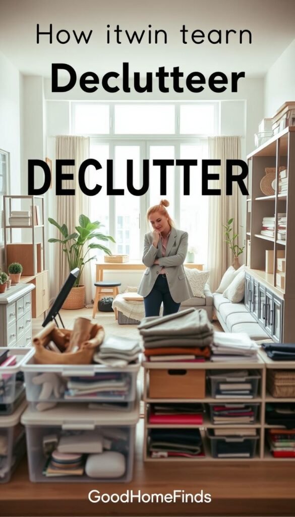 A beautifully arranged living space showcasing the decluttering process in a step-by-step visual guide. In the foreground, a stylish, organized workspace with modern storage solutions, including clear bins and neat shelves filled with neatly categorized items, emphasizes the importance of decluttering. In the middle ground, a person dressed in smart casual attire is thoughtfully sorting through a pile of items, showcasing a sense of focus and determination. The background features a cozy living area bathed in soft, natural light streaming through large windows, creating an inviting atmosphere. The overall mood is calm and inspirational, promoting a sense of clarity and organization. This image should be a realistic, Pinterest-style lifestyle photo, without any text or visuals that detract from the theme. Brand name: GoodHomeFinds.