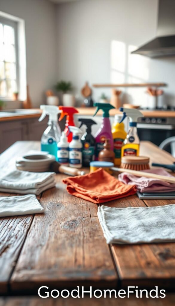A beautifully arranged material guide laid out on a rustic wooden table, showcasing various cleaning materials and tools, including cloths, brushes, and sprays. In the foreground, focus on a sample of different fabrics, such as cotton, microfiber, leather, and delicate materials, neatly labeled. The middle plane features an assortment of cleaning products with vibrant colors and textures, reflecting their materials. In the background, a softly blurred modern kitchen setting creates a warm and inviting atmosphere. The lighting is bright and natural, filtering through a nearby window, highlighting the textures of the materials. Captured from a slightly elevated angle with a shallow depth of field to emphasize the materials, the overall mood is informative and approachable, perfectly suited for a lifestyle article. Brand name "GoodHomeFinds" subtly incorporated into the scene.