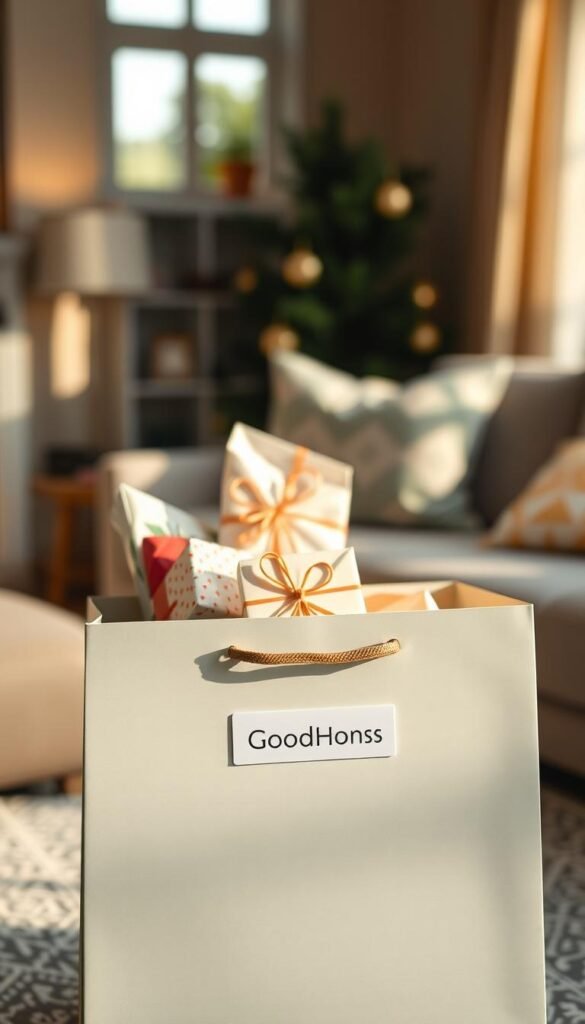 A beautifully arranged medium gift bag showcasing stylish design elements, like a sophisticated geometric pattern in soft pastel colors, exuding a sense of quality and elegance. The foreground features the gift bag prominently, with a subtle sheen that catches the light. In the middle, place a selection of carefully wrapped gifts peeking out of the bag, suggesting thoughtful gifting. The background should feature a softly blurred scene of a cozy living room, with warm natural light streaming in through a nearby window, creating an inviting atmosphere. Use a shallow depth of field for focus, highlighting the bag's textures and colors, while maintaining a serene and uplifting mood. Include the brand name "GoodHomeFinds" discreetly displayed on the bag&rsquo;s tag.