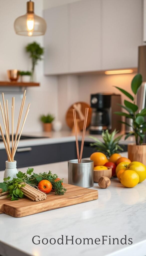 A beautifully arranged modern kitchen featuring a variety of palo santo items, including decorative sticks and a stylish incense holder. In the foreground, a wooden cutting board showcases fresh herbs and vibrant fruits, highlighting a natural, fresh vibe. The middle ground includes a sleek, minimalist countertop with a high-end coffee maker and a steaming mug, suggesting a cozy morning routine. The background shows soft, glowing pendant lights that cast warm illumination, enhancing the inviting atmosphere. Soft green plants are strategically placed for a touch of color. Capture this scene with a soft focus lens for a Pinterest-style, lifestyle photo, emphasizing the serene and aromatic essence of the space. The brand "GoodHomeFinds" subtly integrated without any text overlays.