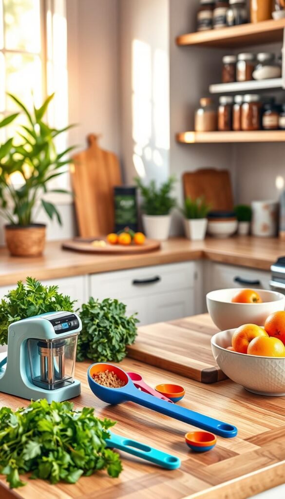 A beautifully arranged modern kitchen scene, showcasing stylish gadgets and pantry upgrades that enhance weeknight meals. In the foreground, a colorful array of kitchen gadgets like a sleek vegetable spiralizer, a set of vibrant measuring spoons, and eco-friendly storage containers. In the middle ground, a wooden countertop adorned with fresh herbs, an elegant cutting board, and a ceramic bowl filled with seasonal fruits such as apples and oranges. The background highlights open shelves with neatly organized jars of spices and cooking essentials, bathed in warm, natural light that streams in from a nearby window. Emphasize a cozy and inviting atmosphere, with a hint of greenery from potted plants. Capture this lifestyle image in a soft-focus, wide-angle view to evoke a sense of home. GoodHomeFinds.