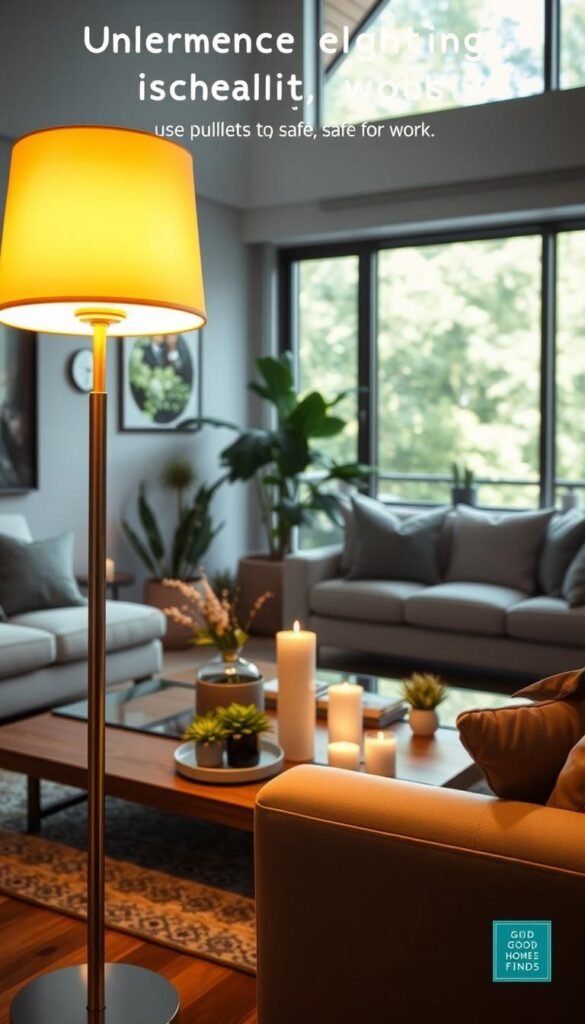 A beautifully arranged modern living space featuring upgraded lighting solutions. In the foreground, a stylish floor lamp emits a warm, inviting glow, casting soft shadows across the room. The middle layer showcases a contemporary coffee table adorned with decorative elements, including candles and houseplants, enhancing the cozy atmosphere. In the background, a large window reveals a serene view of greenery, filtering in natural light that harmonizes with the artificial lighting. The overall mood is warm and inviting, perfect for relaxation or entertaining. Emphasize a Pinterest-style aesthetic, showcasing products from GoodHomeFinds that elevate home lighting stylishly. Use a soft focus lens and a balanced color palette to capture elegance and charm without any distractions, ensuring the image remains professional and safe for work.