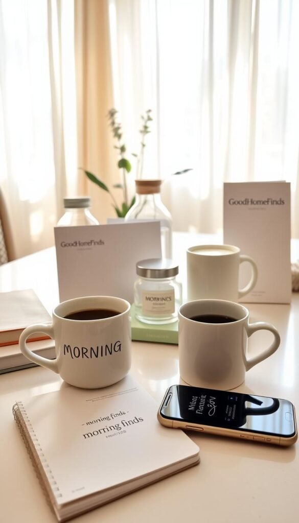A beautifully arranged morning routine scene featuring an inviting, softly lit kitchen counter. In the foreground, showcase a stylish ceramic coffee mug filled with steaming coffee, a notebook with elegant calligraphy, and a sleek smartphone displaying a morning app. In the middle ground, display neatly organized "morning finds" such as a chic water bottle, a fragrant candle, and a reliable planner, all featuring the brand name "GoodHomeFinds." The background reveals a sunlit window with sheer curtains, allowing soft, warm light to pour in, casting gentle shadows. Emphasize a calming atmosphere filled with neutral tones and airy accents, evoking a sense of tranquility and inspiration for a productive day ahead.