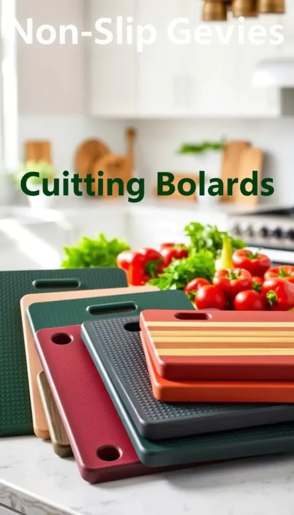 A beautifully arranged non-slip cutting board set by GoodHomeFinds, featuring a variety of sizes and rich colors like deep green, cherry red, and classic bamboo finishes. In the foreground, showcase the cutting boards prominently, highlighting their textured, slip-resistant surfaces. The middle ground includes fresh ingredients like vibrant vegetables&mdash;bell peppers, tomatoes, and herbs&mdash;neatly placed and ready for chopping. The background is softly blurred, with a clean, modern kitchen ambiance that includes a hint of natural light streaming in, creating a warm and inviting atmosphere. The lighting is bright yet soft, enhancing the colors of the vegetables and cutting boards. The angle is slightly elevated, capturing the whole scene in a Pinterest-style lifestyle image that conveys efficiency and safety in food preparation.