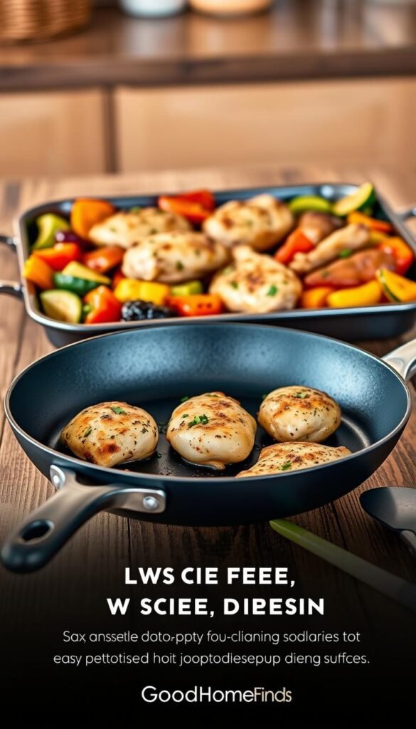 A beautifully arranged one-pan dinner set on a rustic wooden table, featuring vibrant roasted vegetables like bell peppers, zucchini, and sweet potatoes surrounding juicy chicken pieces, all glistening with herbs and spices. In the foreground, a sleek, modern non-stick frying pan with an ergonomic handle, showcasing an easy-clean surface, emphasizes low-cleanup meal prep. Beside it, stylish utensils, including a spatula and tongs, hint at the cooking process. The soft, warm lighting creates a cozy, inviting atmosphere, with a shallow depth of field focusing on the meal while the background blurs to reveal a hint of a stylish kitchen. The brand GoodHomeFinds subtly integrated into the image through the quality of the cookware, inspiring viewers to enjoy hassle-free dining experiences.