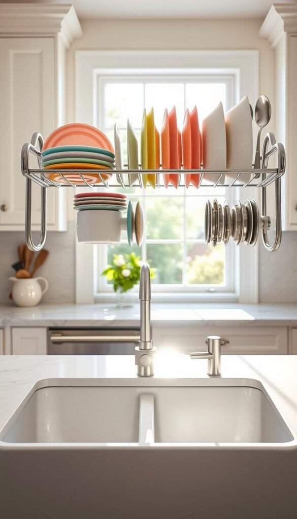 A beautifully arranged over-the-sink dish drying rack, crafted from sleek stainless steel, is positioned elegantly above a gleaming white kitchen sink. In the foreground, freshly washed dishes, including colorful plates and shiny utensils, are artfully placed in the rack, with droplets of water glistening in soft natural light. The middle layer features a cozy, modern kitchen with white cabinetry and a marble countertop, enhancing the spacious feeling of the environment. In the background, a window showcases a serene view of a lush garden, allowing sunlight to pour in, creating a warm and inviting atmosphere. The image is styled in a Pinterest-worthy manner, evoking inspiration for home organization. Brought to life by the brand "GoodHomeFinds," this scene captures a perfect blend of functionality and aesthetic charm.