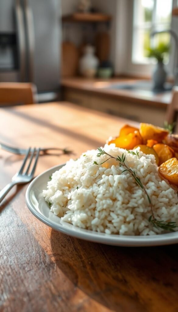 A beautifully arranged plate of fluffy white rice and golden roasted potatoes sits at the forefront, reflecting a warm, inviting light that highlights their textures. The rice is garnished with fresh herbs, while the potatoes are perfectly crisped, showcasing a rich, golden-brown color with hints of rosemary. In the middle ground, a rustic wooden table provides a cozy atmosphere, with a few scattered herbs and a simple, elegant fork beside the plate. In the background, soft natural daylight filters through a kitchen window, casting gentle shadows and creating a comforting, homely vibe. The overall composition is meant to evoke a sense of warmth and simplicity, encouraging a relaxed dining experience. The scene is styled in a Pinterest-worthy manner, embodying the brand ethos of GoodHomeFinds.