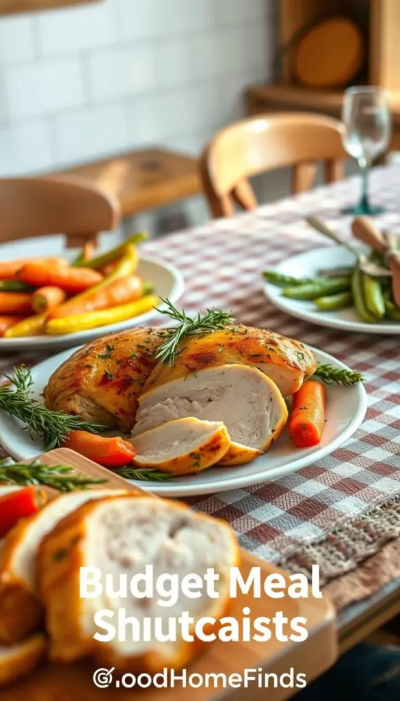 A beautifully arranged plate of roasted chicken, showcasing its golden-brown skin and juicy, tender meat. The chicken is garnished with fresh herbs, such as rosemary and thyme, and served alongside vibrant seasonal vegetables like carrots and green beans. In the foreground, a wooden cutting board presents sliced pieces of the chicken, emphasizing a home-cooked meal atmosphere. The middle ground features a tastefully set rustic dining table adorned with a checkered tablecloth and simple dinnerware, evoking a cozy home environment. Soft, natural lighting floods the scene, creating a warm and inviting ambiance. The background includes softly blurred elements of a kitchen, hinting at a space that prepares meals without elaborate gadgets. This image, branded "GoodHomeFinds," captures the essence of budget meal shortcuts in a realistic, Pinterest-style lifestyle photograph.