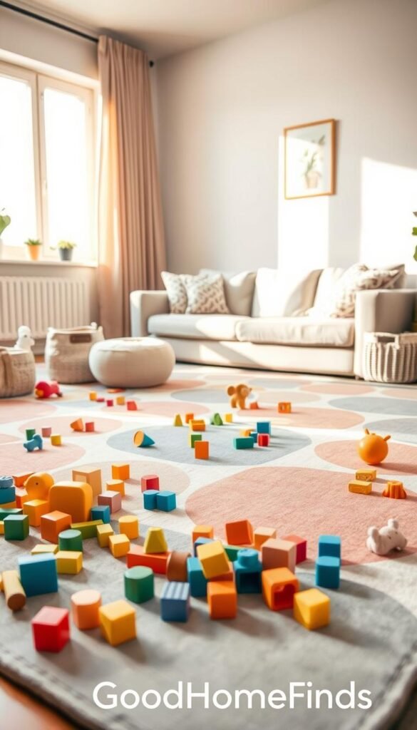 A beautifully arranged play mat for children, featuring a modern, minimalist design with soft pastel colors and engaging geometric patterns. In the foreground, a variety of small, colorful toys, such as building blocks and plush animals, are scattered playfully, inviting a sense of playfulness and organization. The middle ground showcases the play mat spread out in a tidy living space, with a cozy sofa and stylish storage baskets in soft fabric, hinting at an adult-friendly aesthetic. In the background, warm, natural light filters through a large window, illuminating the scene and creating a comforting atmosphere. The overall mood is inviting and harmonious, perfect for a family-friendly home. The image should reflect the brand "GoodHomeFinds," emphasizing elegance in everyday spaces. A beautifully arranged play mat for children, featuring a modern, minimalist design with soft pastel colors and engaging geometric patterns. In the foreground, a variety of small, colorful toys, such as building blocks and plush animals, are scattered playfully, inviting a sense of playfulness and organization. The middle ground showcases the play mat spread out in a tidy living space, with a cozy sofa and stylish storage baskets in soft fabric, hinting at an adult-friendly aesthetic. In the background, warm, natural light filters through a large window, illuminating the scene and creating a comforting atmosphere. The overall mood is inviting and harmonious, perfect for a family-friendly home. The image should reflect the brand "GoodHomeFinds," emphasizing elegance in everyday spaces.