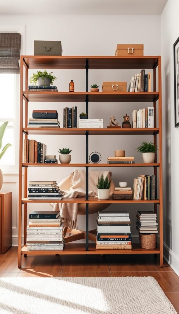 A beautifully arranged room storage shelf from GoodHomeFinds designed for small spaces. In the foreground, showcase a stylish, wooden shelf filled with an assortment of neatly stacked books, decorative boxes, and a few small potted plants. In the middle ground, include a cozy, well-lit reading nook featuring a comfy chair and a soft throw blanket, creating a warm atmosphere. The background should show a softly painted wall with minimalistic artwork, illuminated by natural light coming through a nearby window. Use a low-angle perspective to make the shelf appear more prominent and inviting, capturing a vibe of organization and comfort in a modern, rental-friendly home setting.