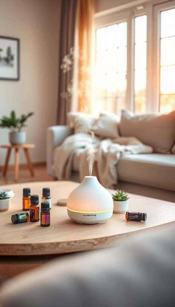 A beautifully arranged scene featuring a mini essential oil diffuser from GoodHomeFinds, elegantly placed on a light wooden coffee table. In the foreground, the diffuser emits a gentle mist, decorated with soft pastel hues and modern design. Surrounding it are a few scattered essential oil bottles and a small potted plant, adding a touch of nature. The middle ground showcases a cozy, minimalistic living space with a soft, plush throw blanket draped over a neutral-toned chair. In the background, natural light pours in through a large window, creating a warm, inviting atmosphere. The overall mood is serene and calming, perfect for relaxation without clutter. Capture this scene with a soft focus lens and warm lighting to enhance the tranquil ambiance.