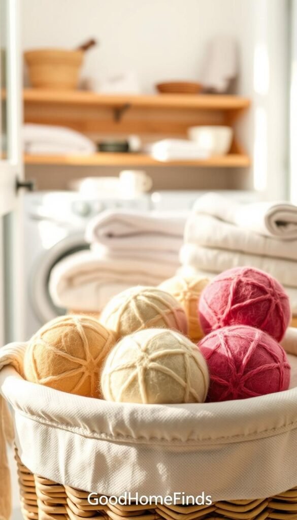 A beautifully arranged scene featuring a set of six multi-colored wool dryer balls in a natural cotton laundry basket. The foreground showcases the dryer balls with intricate textures visible, highlighting their softness and eco-friendliness. In the middle ground, the basket is surrounded by freshly laundered, neatly folded towels in soothing pastel shades, evoking a sense of organization and cleanliness. Soft, natural daylight filters through a nearby window, casting gentle shadows and creating a warm, inviting atmosphere. The background consists of a blurred, cozy laundry room with light-colored walls and wooden shelves, adorned with simple laundry essentials, giving the overall image a calm and homely feel. This is a perfect representation of "GoodHomeFinds" lifestyle inspiration, emphasizing efficiency and style in laundry care.
