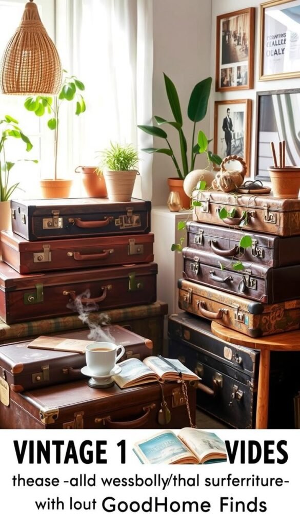 A beautifully arranged scene showcasing a collection of vintage suitcases stacked artfully in a cozy living space. In the foreground, an array of worn leather and colorful patterned suitcases, each displaying unique travel stickers, adds charm and character. In the middle ground, a small wooden side table holds a steaming cup of coffee and a vintage travel book, enhancing the inviting ambiance. Soft, diffused sunlight filters through a nearby window, casting gentle shadows and creating a warm, nostalgic atmosphere. The background features a tasteful blend of potted plants and framed travel photographs, suggesting a wanderlust-inspired home. The overall mood is relaxed and inspiring, capturing the essence of "vintage travel vibes that also add storage (without buying furniture)." Perfect for illustrating a lifestyle article from GoodHomeFinds.