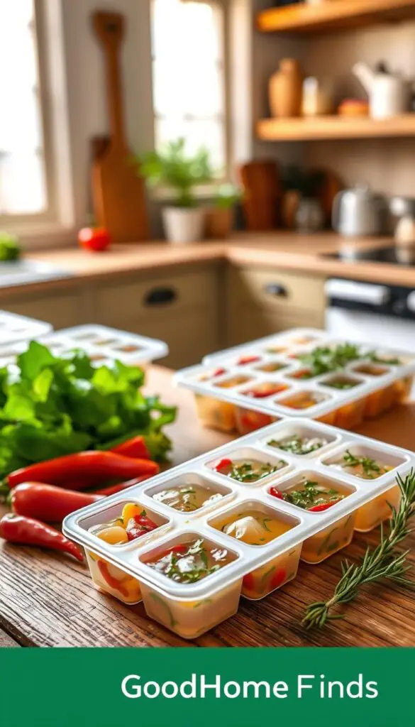 A beautifully arranged scene showcasing various ice cube trays specifically designed for freezing herbs and flavor boosters, placed on a rustic wooden kitchen counter. In the foreground, vibrant green basil, bright red chili peppers, and delicate sprigs of rosemary are neatly placed beside the trays, ready to be chopped and added. The middle ground features a close-up of the ice cube trays filled with a colorful mixture of herbs and broth, highlighting the icy texture and vivid colors. The background is softly blurred, revealing a cozy kitchen with warm, natural sunlight filtering through a window, creating a homey atmosphere. The overall mood is inviting and fresh, perfect for inspiring a love for cooking and meal prep. This image captures the essence of practical yet stylish kitchen solutions from GoodHomeFinds.