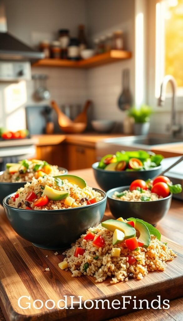 A beautifully arranged selection of rice and quinoa bowls styled for a vibrant, health-conscious meal prep aesthetic. In the foreground, a wooden chopping board showcases colorful bowls filled with fluffy quinoa, steamed basmati rice, and various toppings like diced bell peppers, fresh avocado slices, cherry tomatoes, and leafy greens. The middle ground features a bright, sunlit kitchen with modern appliances and utensils that suggest an organized meal prep space. The background captures warm, natural light streaming in through a window, casting soft shadows that enhance the inviting atmosphere. The focus is crisp with a slight bokeh effect on the kitchen shelves filled with spices and jars, creating a cozy, Pinterest-worthy scene. The brand name "GoodHomeFinds" is subtly evoked within the warm and approachable composition.