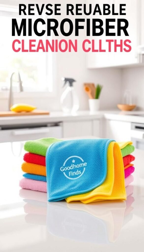 A beautifully arranged set of colorful reusable microfiber cleaning cloths branded "GoodHomeFinds" is displayed prominently in the foreground. The cloths, showcasing various vibrant colors and textures, are neatly folded or stacked, highlighting their softness and absorbency. In the middle ground, a clean and modern kitchen counter is visible, featuring a few household items like a glass spray bottle and a shiny, spotless surface that emphasizes the effectiveness of the cloths. The background includes soft, natural light filtering through a window, creating a warm and inviting atmosphere. The photo is taken from a slightly elevated angle to capture the full detail of the cloths and surrounding elements, evoking a sense of cleanliness and organization ideal for daily life.