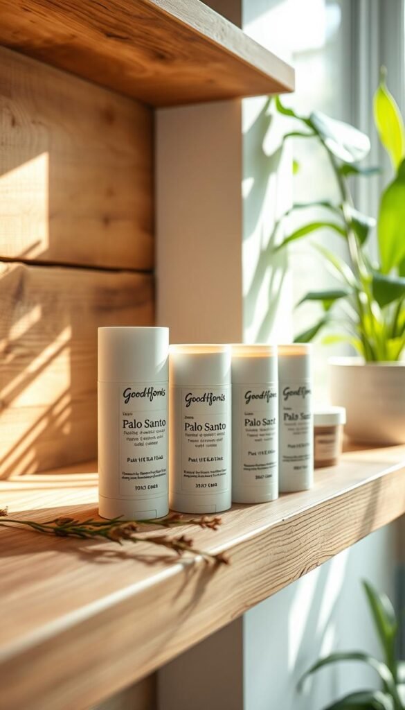 A beautifully arranged set of deodorant sticks in a palo santo scent, displayed on a rustic wooden shelf. The deodorant packaging features a sleek and modern design, with subtle earthy tones that evoke a natural feel. In the foreground, there is a small sprig of palo santo scattered on the shelf, enhancing the aromatic visuals. The middle section consists of soft, diffused sunlight filtering through a nearby window, creating a warm and inviting atmosphere. In the background, hints of greenery and indoor plants peek through, adding a lush, vibrant touch. The scene is styled in a Pinterest-worthy aesthetic, making it perfect for promoting natural body care. The brand name "GoodHomeFinds" is subtly featured on the packaging, showcasing an emphasis on quality and tranquility in personal care.