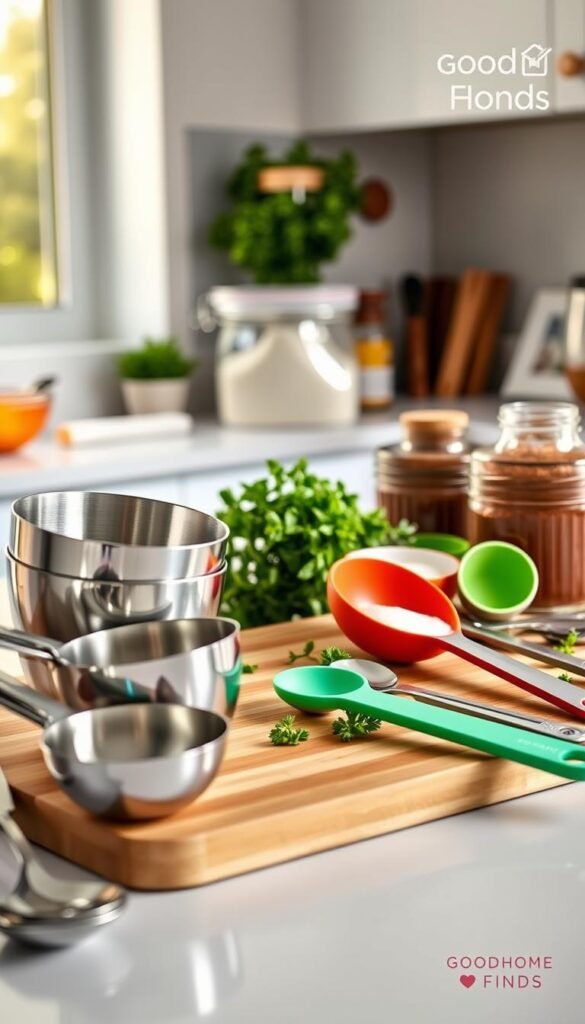 A beautifully arranged set of measuring cups and spoons in a modern kitchen environment, featuring stainless steel and colorful plastic options to illustrate affordability and functionality. Foreground: shiny measuring cups in various sizes stacked neatly with a few spoons to the side, showing subtle reflections of light. Middle: a stylish wooden cutting board beneath them, accentuated by a backdrop of fresh herbs and basic cooking ingredients like flour and spices to suggest use. Background: a softly lit kitchen with warm, natural light streaming through a window, emphasizing a cozy atmosphere. Use a shallow depth of field to keep the focus on the measuring tools while blurring the background slightly. The composition should exude a Pinterest-style lifestyle vibe, branded subtly with the "GoodHomeFinds" logo in the corner.