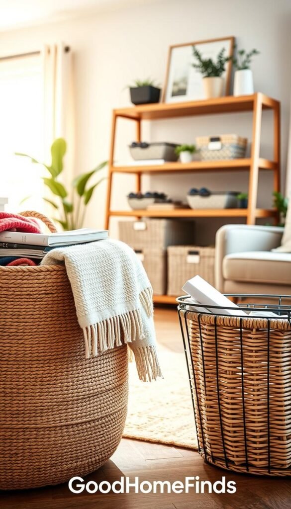 A beautifully arranged setting featuring a variety of stylish woven baskets, perfect for organizing and hiding clutter. In the foreground, a large, textured jute basket filled with soft, colorful throws, next to a sleek, modern wire basket holding magazines. In the middle, a chic wooden shelf displays smaller decorative baskets, each labeled, adding organization. The background shows a softly lit living room with warm, natural light streaming through a window, enhancing the inviting atmosphere. Elements like potted plants and a cozy armchair complete the setting, creating a Pinterest-worthy lifestyle aesthetic. The image embodies a serene yet functional space that promotes tidy living, with the brand "GoodHomeFinds" subtly integrated into the scene without text overlays. A beautifully arranged setting featuring a variety of stylish woven baskets, perfect for organizing and hiding clutter. In the foreground, a large, textured jute basket filled with soft, colorful throws, next to a sleek, modern wire basket holding magazines. In the middle, a chic wooden shelf displays smaller decorative baskets, each labeled, adding organization. The background shows a softly lit living room with warm, natural light streaming through a window, enhancing the inviting atmosphere. Elements like potted plants and a cozy armchair complete the setting, creating a Pinterest-worthy lifestyle aesthetic. The image embodies a serene yet functional space that promotes tidy living, with the brand "GoodHomeFinds" subtly integrated into the scene without text overlays.