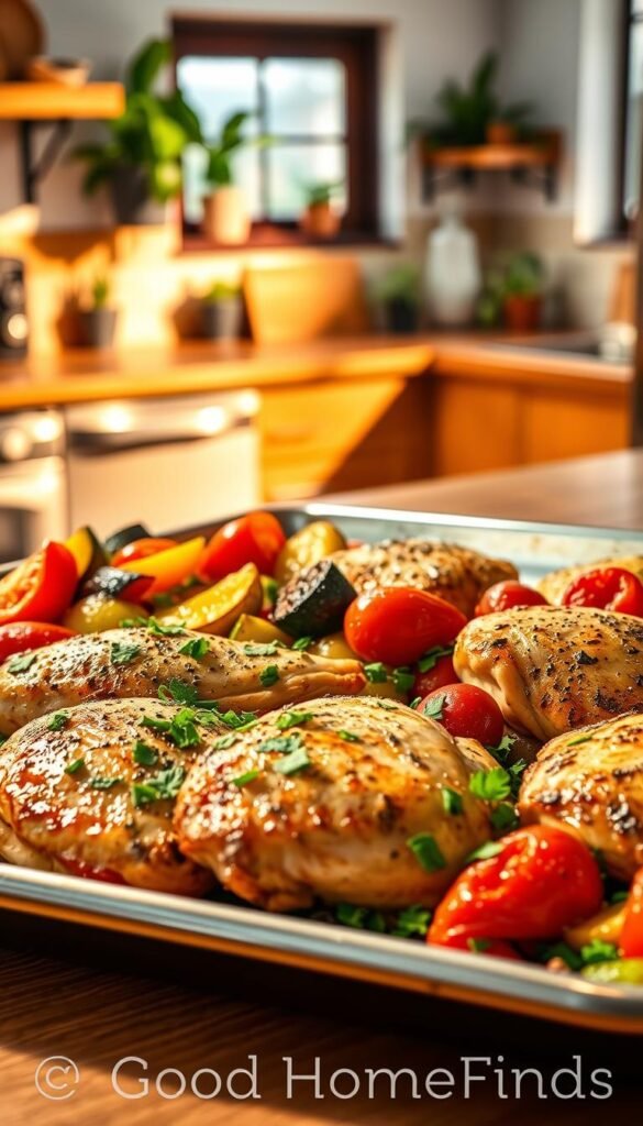 A beautifully arranged sheet pan dinner, featuring vibrant, roasted vegetables like bell peppers, zucchini, and cherry tomatoes, alongside perfectly seasoned chicken thighs. In the foreground, the shiny, metallic sheet pan glistens under warm, ambient kitchen lighting, casting soft shadows. The middle ground showcases freshly chopped herbs sprinkled atop the meal, adding a burst of color and freshness. The background features a cozy, modern kitchen with wooden countertops and potted plants, bathed in natural light from a nearby window. The atmosphere is inviting and organized, reflecting the ease of cooking and minimal cleanup. The overall composition is styled in a Pinterest-worthy manner, embodying the essence of "GoodHomeFinds," capturing warmth and culinary creativity.