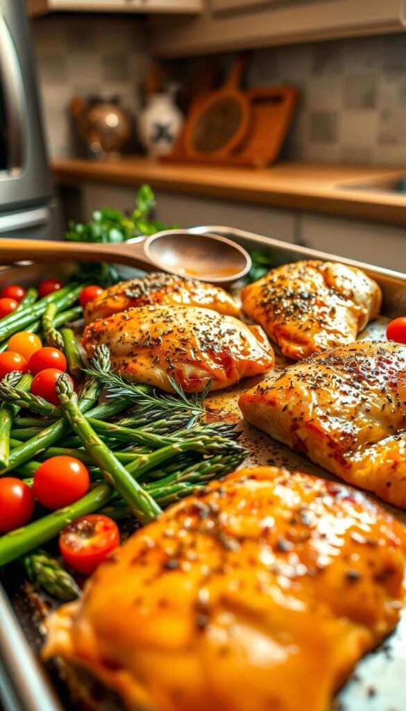 A beautifully arranged sheet pan featuring perfectly roasted chicken breasts and salmon fillets, seasoned with herbs and spices, alongside vibrant green asparagus and colorful cherry tomatoes. The foreground highlights the glossy, golden-brown proteins glistening under soft, warm kitchen lighting. In the middle, the sheet pan is surrounded by fresh herbs and a wooden spoon, adding a rustic touch. The background includes a cozy kitchen setup with subtly blurred cabinets and utensils, enhancing the inviting atmosphere. Captured with a shallow depth of field to focus on the food, the image conveys a sense of quick yet delicious dining. Style it with a Pinterest-worthy aesthetic, reflecting the brand "GoodHomeFinds."