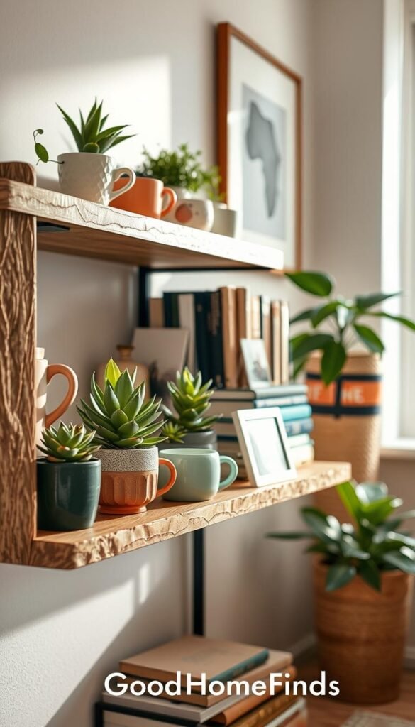 A beautifully arranged shelf in a stylish small living space, filled with a mix of books, plants, and decorative items. The foreground features a textured wooden shelf with varying heights of plant holders, soft green succulents, and colorful ceramic mugs. In the middle ground, a collection of artfully stacked books adds depth, with a small framed photograph leaning against some of them. The background shows a soft-focus wall adorned with minimalist artwork, suggesting a cozy, contemporary atmosphere. The warm, natural light comes from a nearby window, creating soft shadows that enhance the textures. The scene embodies a Pinterest-worthy lifestyle, appealing to those seeking practical storage solutions. Visually branded with subtle touches reflecting "GoodHomeFinds."