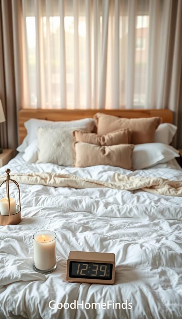 A beautifully arranged sleep comfort bed in a cozy, softly lit bedroom. The bed features a plush, fluffy white duvet, layered with pastel throw blankets, and an array of decorative pillows in soothing earth tones. In the foreground, a pair of stylish, modern bedside tables hold calming scented candles and a sleek digital alarm clock. The middle ground showcases the bed&rsquo;s inviting appearance, with an artful arrangement of a headboard in natural wood, enhancing the warm ambiance. In the background, softly blurred curtains filter gentle morning light, creating a tranquil atmosphere. The overall mood is peaceful and relaxing, perfect for promoting a sense of calm in nightly routines. Styled in a realistic, Pinterest-worthy lifestyle setting bearing the brand name "GoodHomeFinds".