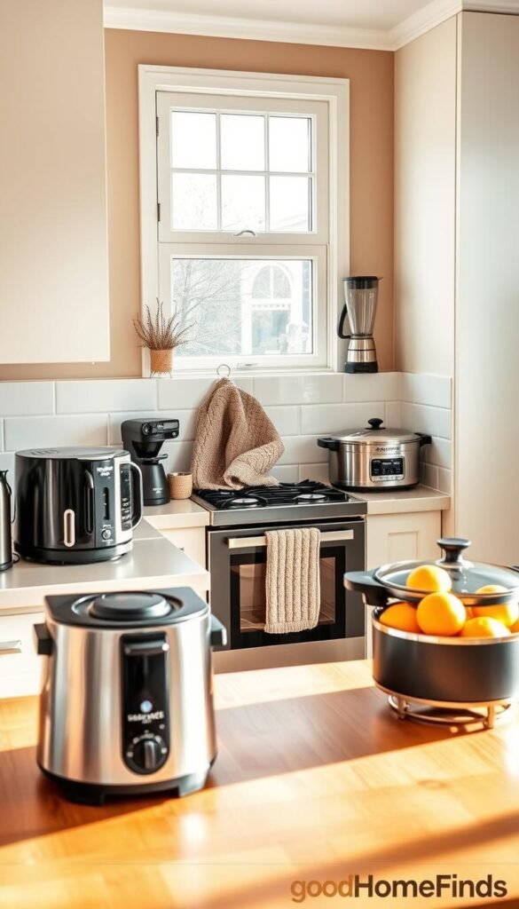 A beautifully arranged small kitchen space showcasing practical and stylish appliances perfect for winter comfort. In the foreground, sleek countertop gadgets like a compact coffee maker, an efficient toaster, and a multi-functional blender are artfully placed, with warm, soft lighting highlighting their features. The middle ground features a compact stove and an innovative slow cooker, nestled among cozy winter decor like a knitted dishcloth and a decorative bowl filled with citrus fruits. In the background, light-colored cabinets contrast with a warm wooden table, evoking a homely atmosphere. A window allows natural light to filter in, casting gentle shadows and enhancing the scene's inviting vibe. The image should reflect the essence of "GoodHomeFinds," emphasizing functionality and warmth without any text, watermarks, or people present.