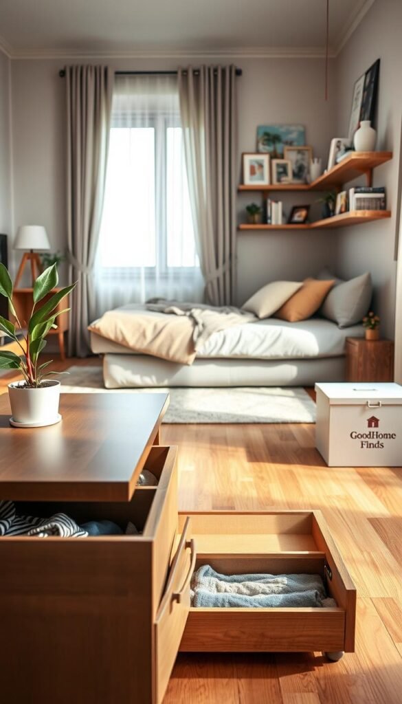 A beautifully arranged small living space showcasing innovative storage solutions. In the foreground, a sleek, multi-functional coffee table with drawers and hidden compartments, adorned with a vibrant potted plant. The middle ground features a cozy corner with a stylish, space-saving sofa transformed into a sleeper, accompanied by wall-mounted shelves neatly organized with curated decor and books. The background reveals a bright window with light filtering through sheer curtains, expanding the sense of space. The atmosphere is inviting and modern, with warm lighting that highlights textures. The scene embodies a Pinterest-style lifestyle aesthetic, emphasizing clutter-free living and smart organization. Capture this image without any text or branding, except for a subtle "GoodHomeFinds" label on the side of a storage box.