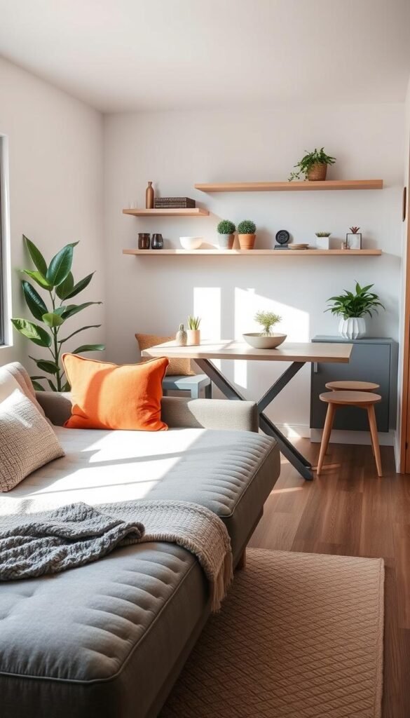 A beautifully arranged small living space showcasing multipurpose furniture by GoodHomeFinds. In the foreground, a stylish sofa that converts into a bed, adorned with colorful, textured cushions and a cozy throw. The middle ground features a modern, foldable dining table with accompanying stools that can be easily tucked away, enhancing the space's functionality. On the background wall, sleek shelves display decorative items and plants, creating a warm atmosphere. Soft, natural lighting filters in through a nearby window, casting gentle shadows that emphasize the furniture's design. The overall mood is inviting and practical, perfect for small spaces where every piece serves multiple purposes.
