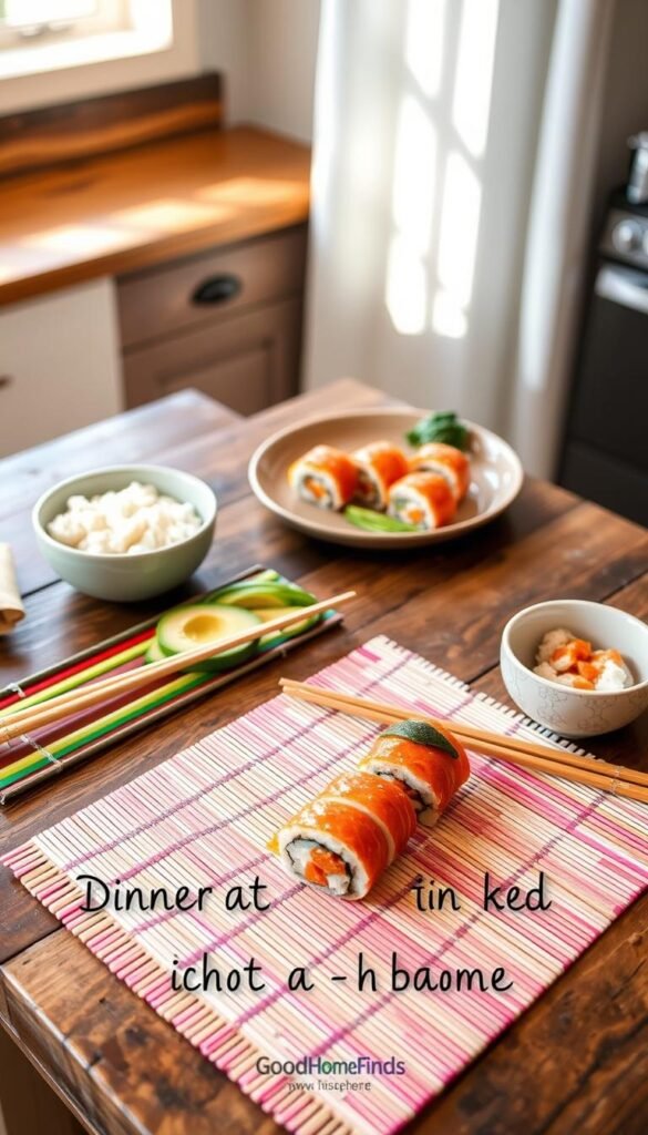 A beautifully arranged sushi making kit from GoodHomeFinds displayed on a rustic wooden kitchen counter. In the foreground, a colorful bamboo sushi mat with neatly placed ingredients: fresh avocado slices, vibrant cucumber strips, and a bowl of seasoned sushi rice. A pair of chopsticks leans casually against the mat. In the middle ground, a roll of sushi, perfectly sliced and showcasing its vibrant filling, rests on a lovely ceramic platter. In the background, soft, natural light pours in from a nearby window, casting a warm glow on the scene, enhancing the inviting atmosphere of a fun dinner-at-home activity. The overall mood is playful yet elegant, encouraging creativity and enjoyment in sushi making. The image is captured from a slightly overhead angle to emphasize the layout and colors.