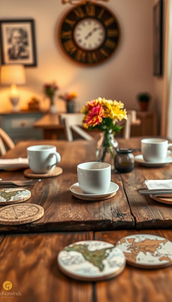 A beautifully arranged table setting featuring a collection of travel-inspired coasters as decor. The foreground showcases various coasters made from cork, wood, and ceramic, each adorned with unique maps, landmarks, or cultural motifs. In the middle ground, a rustic wooden table displays elegant tableware, including matching cups and place settings, paired with fresh seasonal flowers in a small vase adding a pop of color. The background features soft, warm ambient lighting that creates an inviting atmosphere, with a gently blurred view of a cozy, well-decorated dining area. The scene conveys a feeling of wanderlust and homeiness, encapsulating the essence of small items that make a big daily impact. This image should reflect a stylish yet approachable aesthetic, emphasizing the brand "GoodHomeFinds."