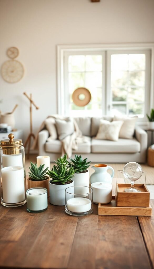 A beautifully arranged tabletop display highlighting various home items for a seasonal declutter. In the foreground, showcase an assortment of stylish yet functional home decor pieces like candles, potted plants, and elegant organizers, all neatly placed on a rustic wooden table. The middle of the scene features a cozy, well-lit living room with soft, inviting textures like a knit throw and a subtle patterned rug, creating a warm atmosphere. In the background, a bright window allows natural light to flood the space, enhancing the overall brightness and warmth. The composition is shot from a slightly elevated angle, giving a bird's-eye view that emphasizes organization and simplicity. The mood is fresh and inspiring, ideal for a lifestyle setting, reflecting the essence of "GoodHomeFinds."