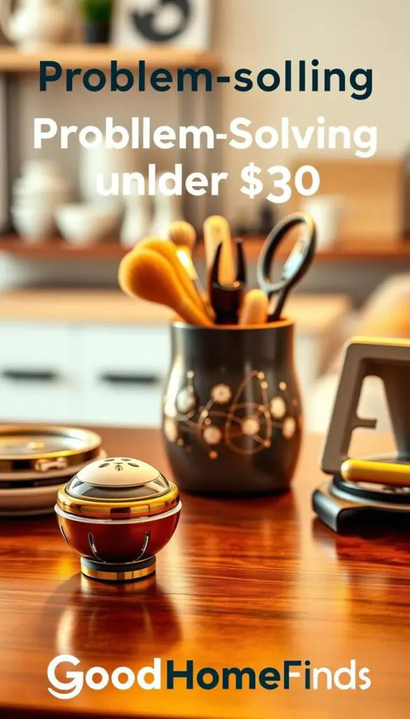 A beautifully arranged tabletop showcasing various problem-solving products under $30, such as a multi-purpose kitchen gadget, a compact home organizer, and a flexible phone stand. In the foreground, the kitchen gadget is prominently displayed, glistening under warm, soft lighting that enhances its colors. In the middle, a stylish container holds different organizational tools, adding a touch of practicality and aesthetics. The background features a neatly arranged shelf with additional home items, softly blurred to create depth. The mood is inviting and functional, reflecting a sense of creativity and efficiency. The brand "GoodHomeFinds" subtly incorporated into the setting, highlighting innovative solutions for everyday challenges, while maintaining a Pinterest-style lifestyle aesthetic.