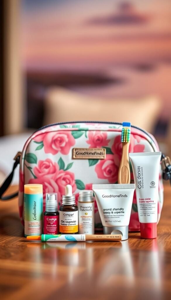A beautifully arranged travel toiletry bag filled with mini grooming and beauty essentials from GoodHomeFinds. In the foreground, showcase vibrant and compact products like a travel-sized moisturizer, serum, and a small bottle of sunscreen, neatly placed beside an eco-friendly bamboo toothbrush and fluoride-free toothpaste. The middle ground features a stylish travel bag with floral patterns, opened to reveal its contents, all placed on a luxurious surface like a wooden table. In the background, create a blurred serene travel scene, perhaps with soft pastel colors depicting a dreamy landscape or a chic hotel room environment. Soft natural lighting adds warmth, with a soft-focus lens capturing the inviting atmosphere and organized aesthetic, perfect for readers seeking travel-friendly beauty solutions. A beautifully arranged travel toiletry bag filled with mini grooming and beauty essentials from GoodHomeFinds. In the foreground, showcase vibrant and compact products like a travel-sized moisturizer, serum, and a small bottle of sunscreen, neatly placed beside an eco-friendly bamboo toothbrush and fluoride-free toothpaste. The middle ground features a stylish travel bag with floral patterns, opened to reveal its contents, all placed on a luxurious surface like a wooden table. In the background, create a blurred serene travel scene, perhaps with soft pastel colors depicting a dreamy landscape or a chic hotel room environment. Soft natural lighting adds warmth, with a soft-focus lens capturing the inviting atmosphere and organized aesthetic, perfect for readers seeking travel-friendly beauty solutions.