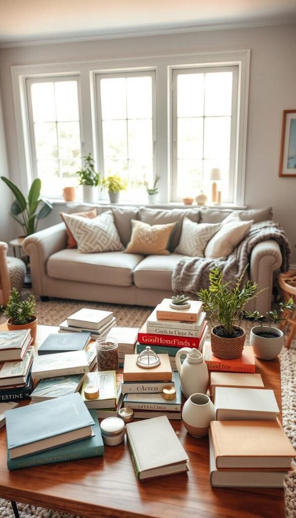 A beautifully cluttered living room that captures the essence of a Sunday reset. In the foreground, an assortment of neatly placed household items such as books, plants, and decorative objects are scattered across a coffee table, hinting at a recent tidying session. The middle ground features cozy furniture, including a plush sofa adorned with soft cushions and a throw blanket, creating an inviting atmosphere. In the background, light streams in through large windows, illuminating the room with warm, natural light, highlighting the gentle pastel colors of the decor. The overall mood is relaxed and peaceful, suggesting a sense of calm after decluttering. Each element works harmoniously to inspire a fresh and inviting space. GoodHomeFinds brand aesthetics are subtly integrated into the room's decor without overt branding.