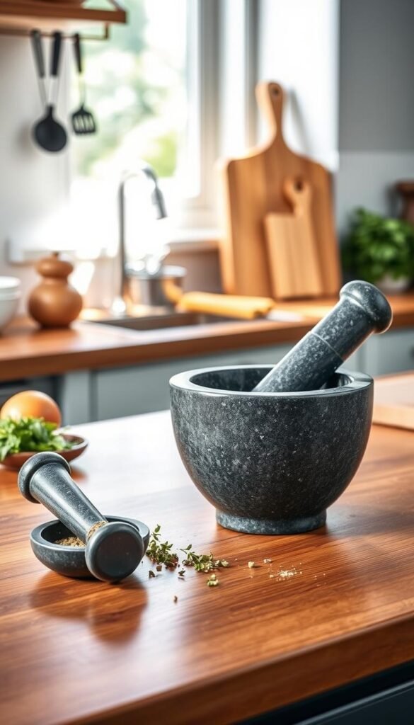 A beautifully crafted ChefSofi granite mortar and pestle set, featuring a smooth, dark gray surface with subtle flecks of lighter shades, showcasing its natural elegance. The mortar is large and sturdy, with a wide bowl and a complementary pestle that fits comfortably in hand. In the foreground, arrange the mortar and pestle on a polished wooden kitchen countertop, with a sprinkle of herbs and spices around them for added texture and interest. In the middle ground, softly blurred kitchen utensils and a cutting board can hint at a cozy cooking environment. Bright, natural light streams in from a nearby window, casting gentle shadows and creating a warm atmosphere. The overall composition evokes a sense of culinary artistry and homey charm, perfect for showcasing the quality of the ChefSofi granite mortar and pestle set. GoodHomeFinds.